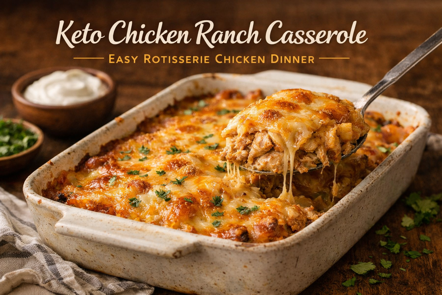 Baked keto chicken ranch casserole made with rotisserie chicken, green chiles, and melted Jack cheese in a rustic baking dish.