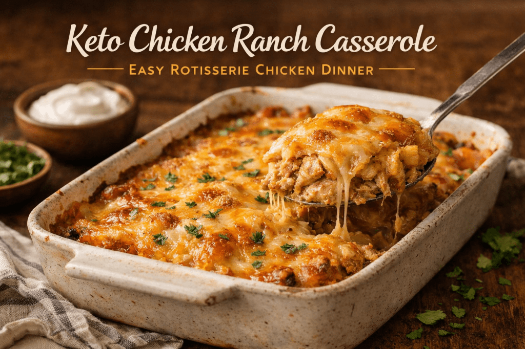 Baked keto chicken ranch casserole made with rotisserie chicken, green chiles, and melted Jack cheese in a rustic baking dish.