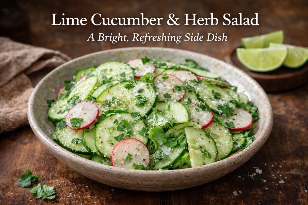 Fresh cucumber and radish salad with cilantro, lime juice, and flaky sea salt in a rustic bowl.