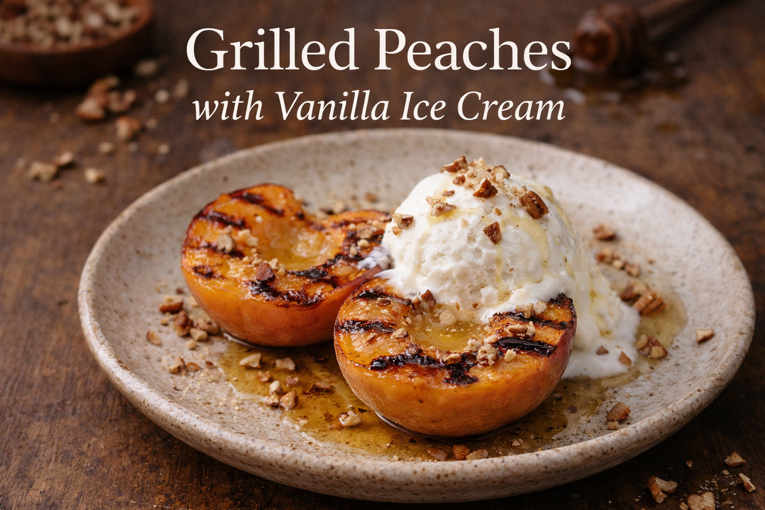 Grilled peaches with vanilla ice cream, a drizzle of honey, and toasted pecans on a rustic plate.