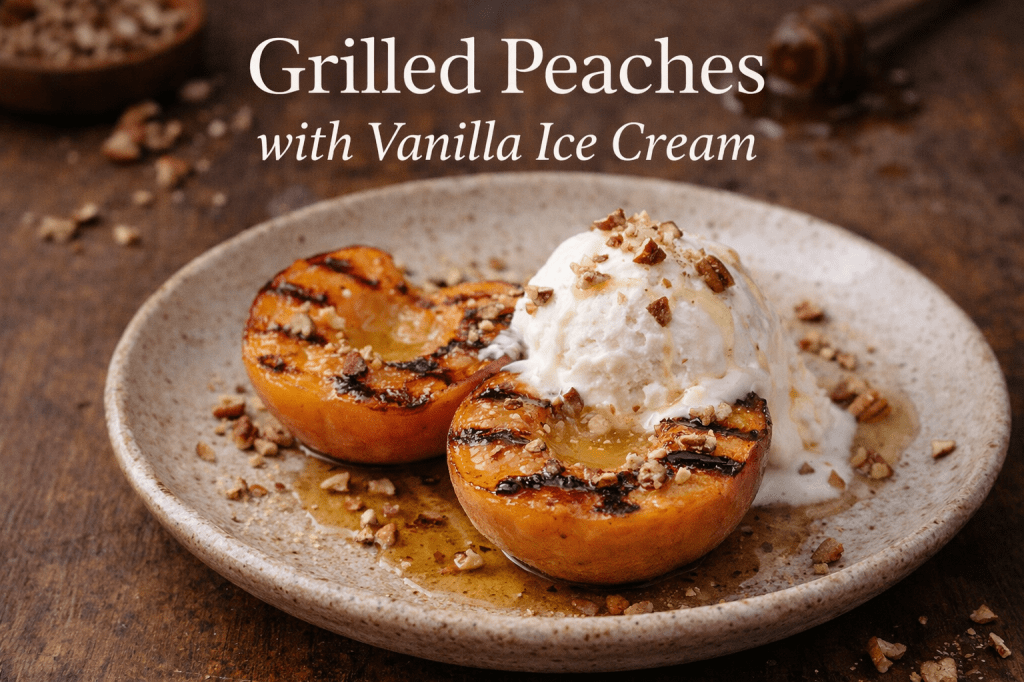 Grilled peaches with vanilla ice cream, a drizzle of honey, and toasted pecans on a rustic plate.
