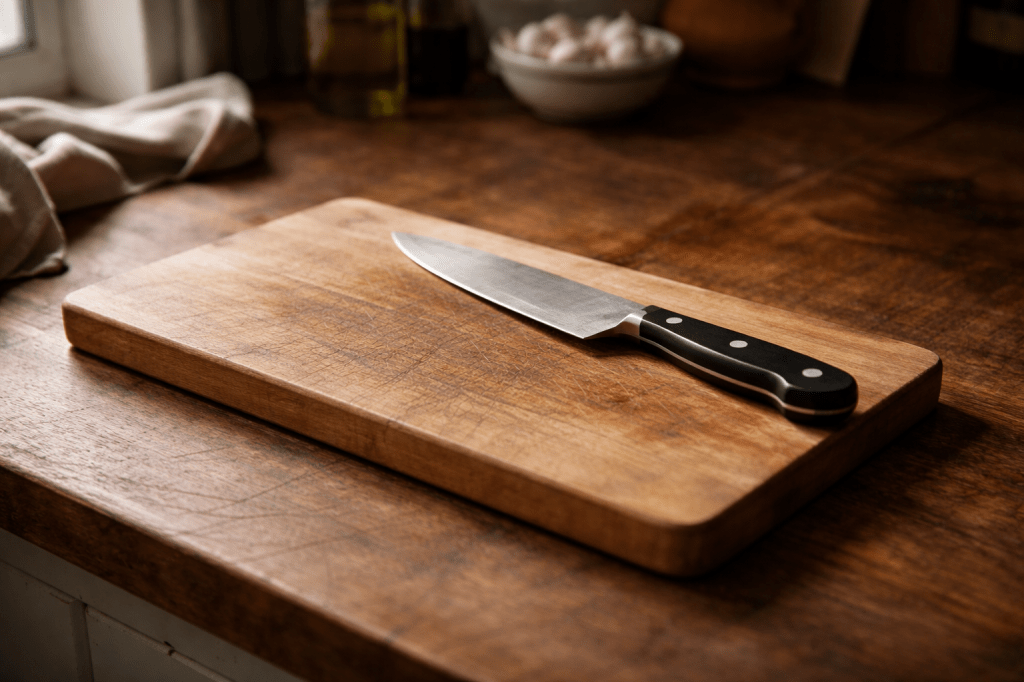 A worn wooden kitchen counter with a cutting board and knife in soft natural light, representing everyday home cooking and lessons learned over time.