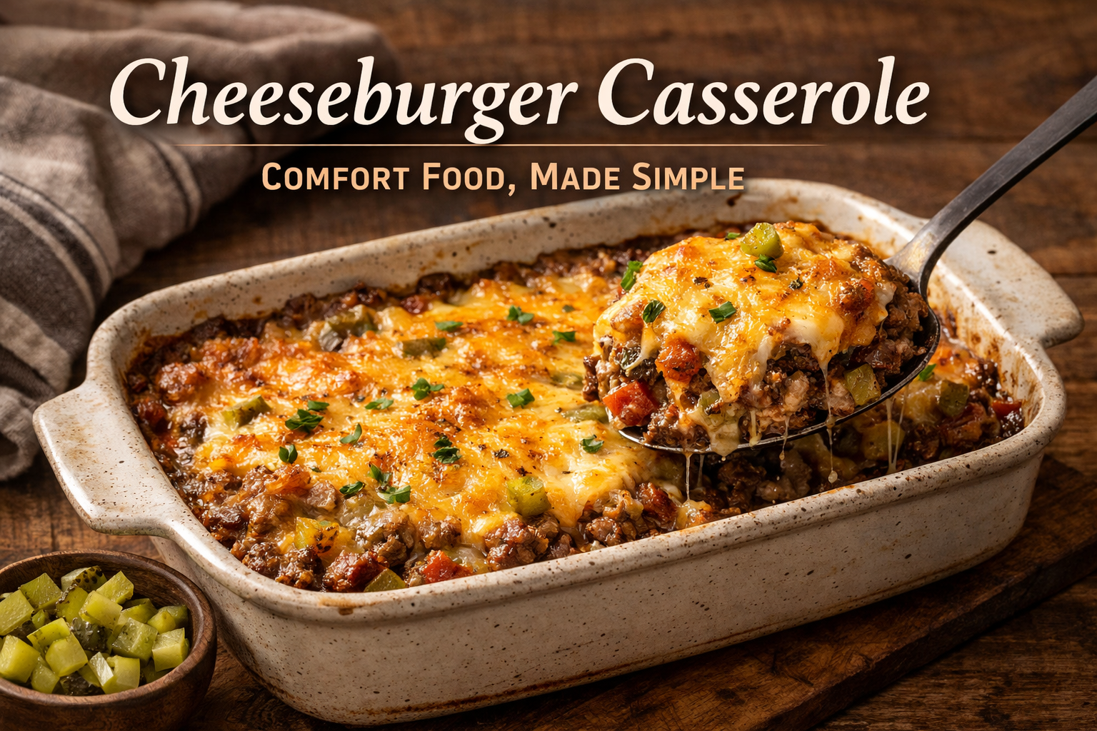 Cheeseburger casserole with melted cheese, ground beef, and pickles in a rustic baking dish.