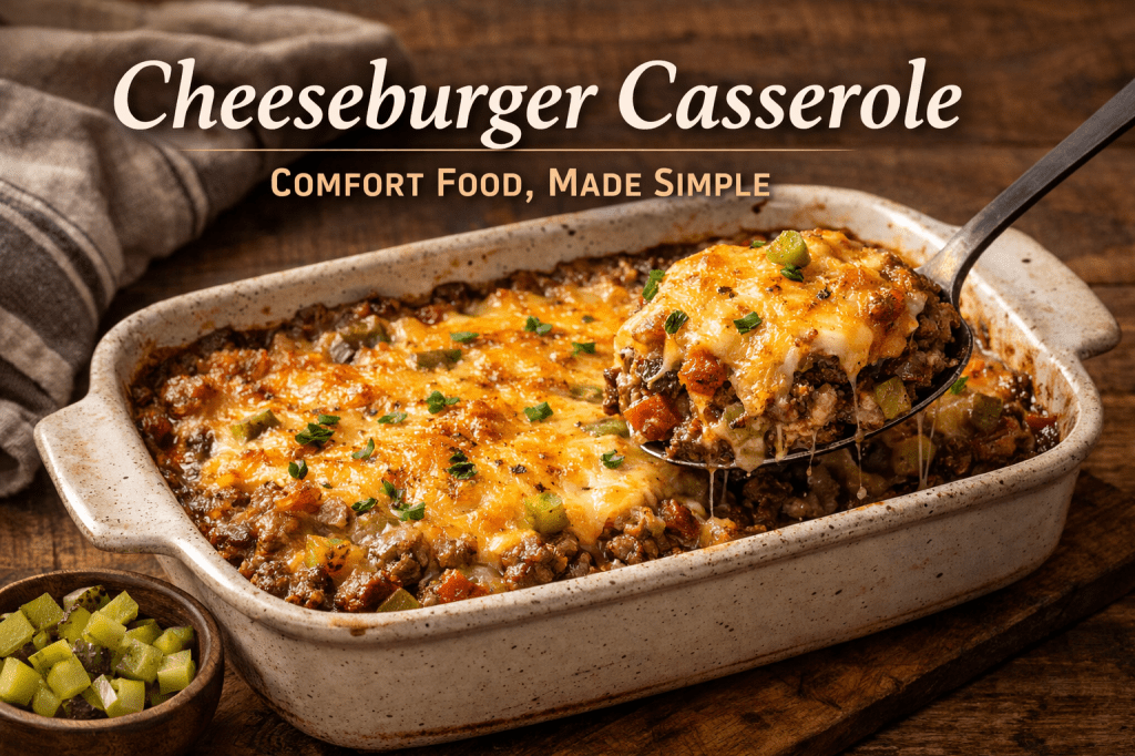 Cheeseburger casserole with melted cheese, ground beef, and pickles in a rustic baking dish.