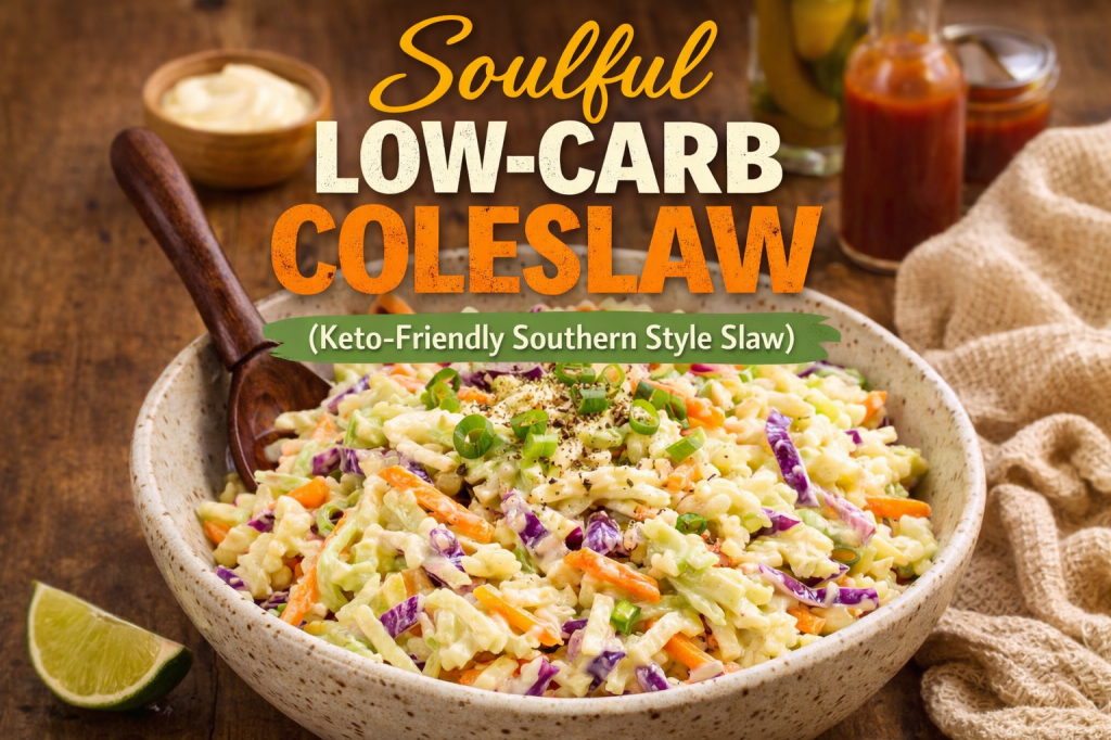 Bowl of low-carb coleslaw with cabbage, creamy dressing, and black pepper on a rustic wooden table.