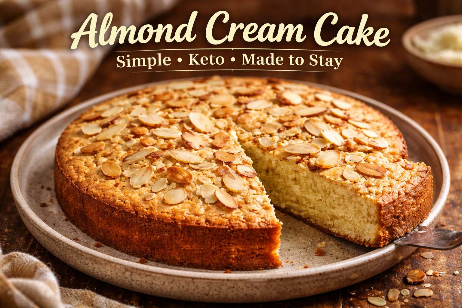 Single-layer almond cream cake topped with toasted almonds on a rustic plate.