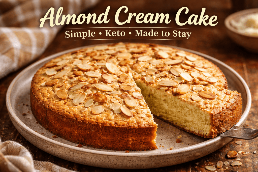 Single-layer almond cream cake topped with toasted almonds on a rustic plate.