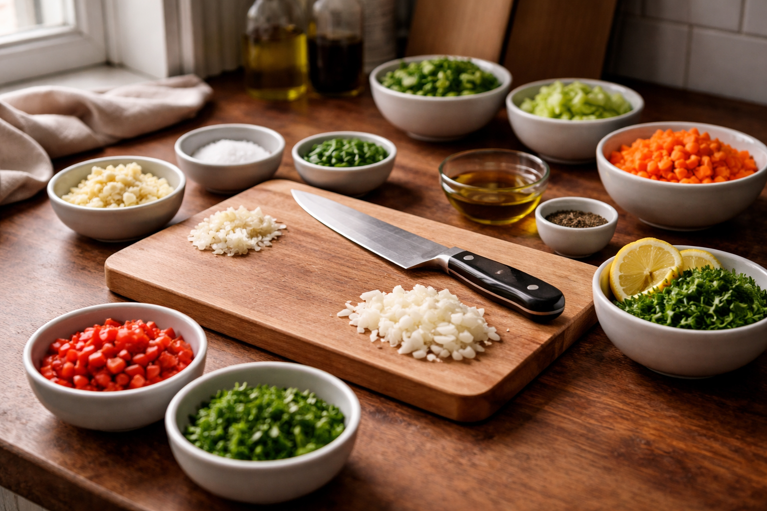 A neatly organized kitchen prep scene with ingredients arranged in bowls and a cutting board, representing mise en place and calm preparation before cooking.