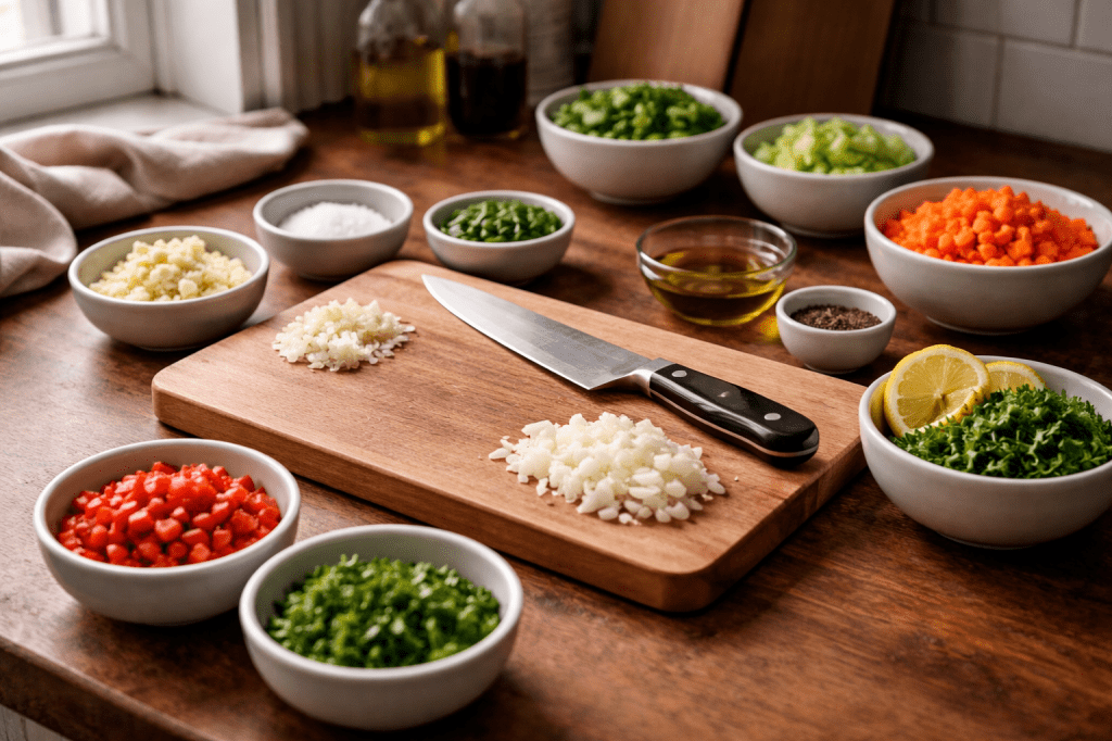 A neatly organized kitchen prep scene with ingredients arranged in bowls and a cutting board, representing mise en place and calm preparation before cooking.