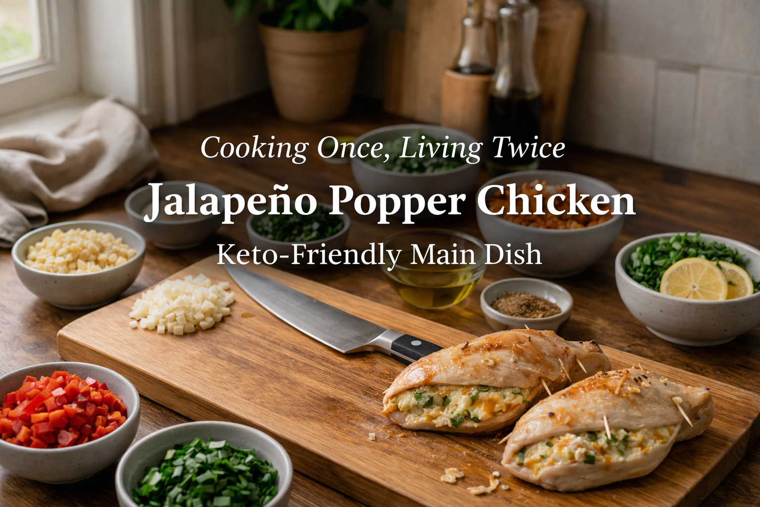 Organized kitchen prep scene with stuffed chicken breasts, chopped ingredients, and a knife on a wooden board, representing mise en place and meal preparation