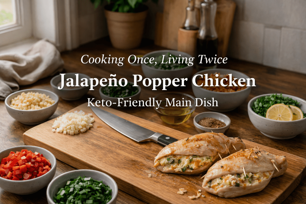 Organized kitchen prep scene with stuffed chicken breasts, chopped ingredients, and a knife on a wooden board, representing mise en place and meal preparation
