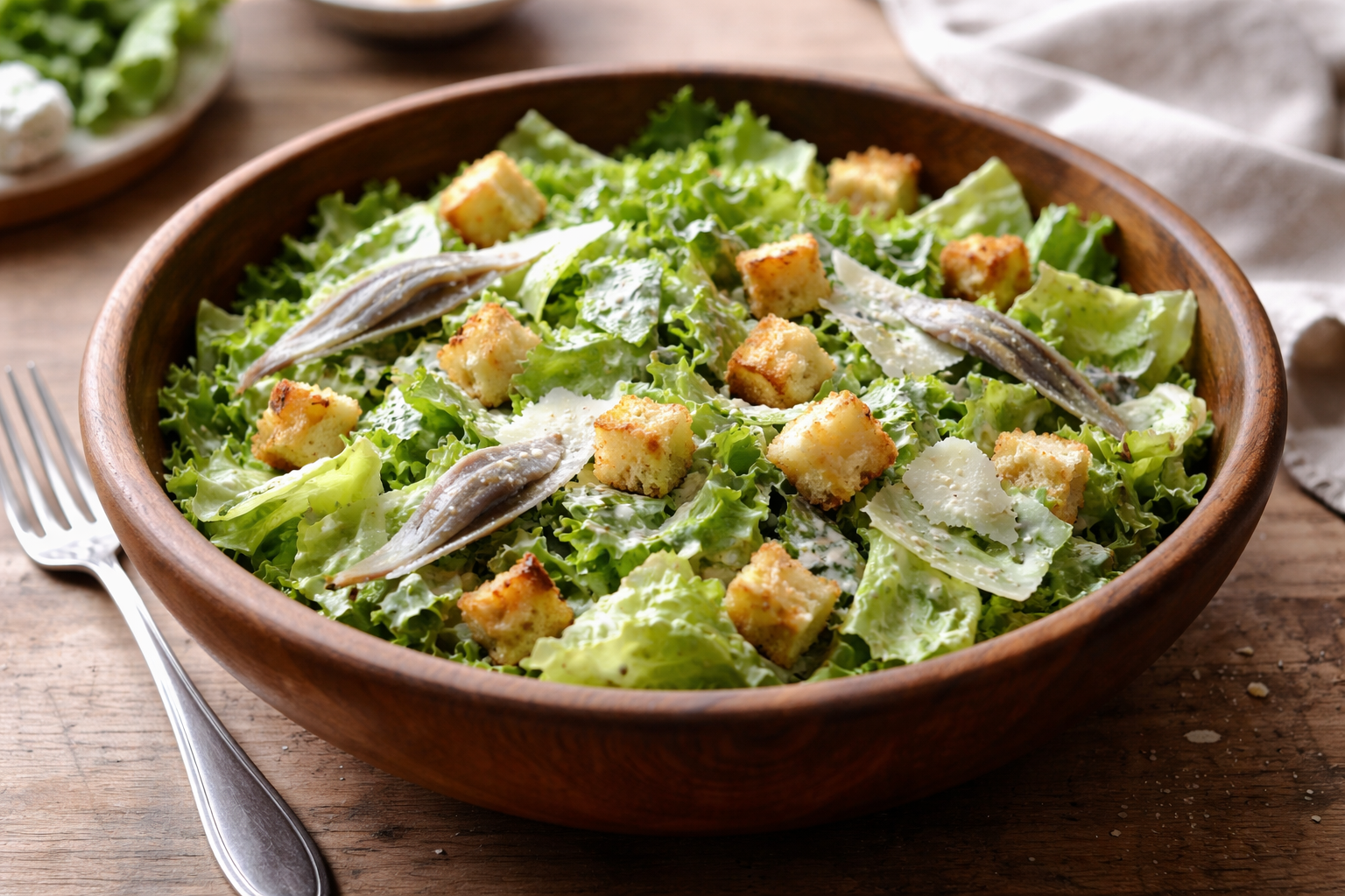 A simple Caesar salad with romaine lettuce, parmesan cheese, and light dressing in a wooden bowl with natural light