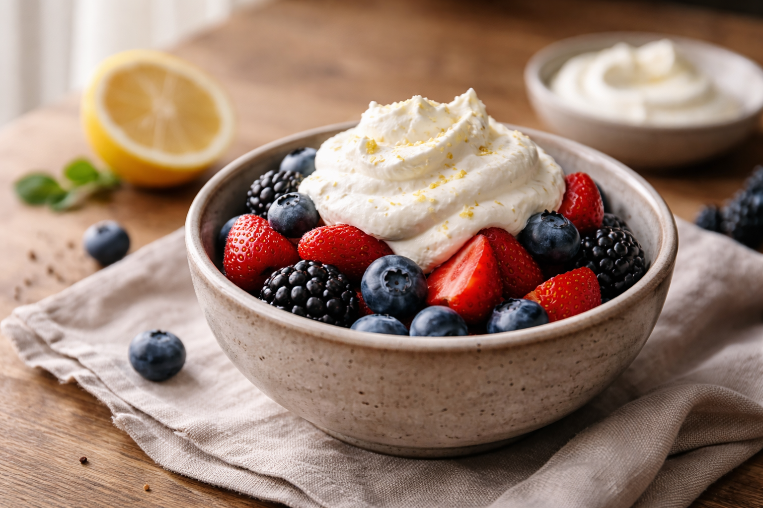 Fresh berries topped with light lemon cream in a ceramic bowl on a wooden table in soft natural light