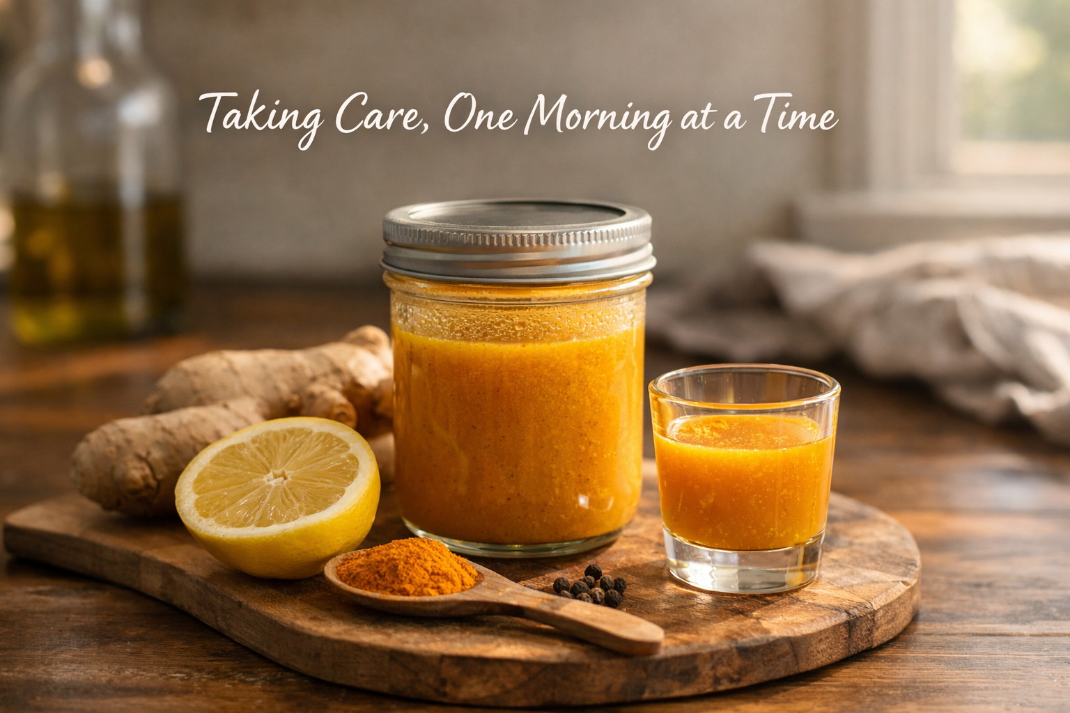 Small jar of ginger turmeric citrus wellness shot on a warm kitchen counter with fresh ingredients in soft morning light