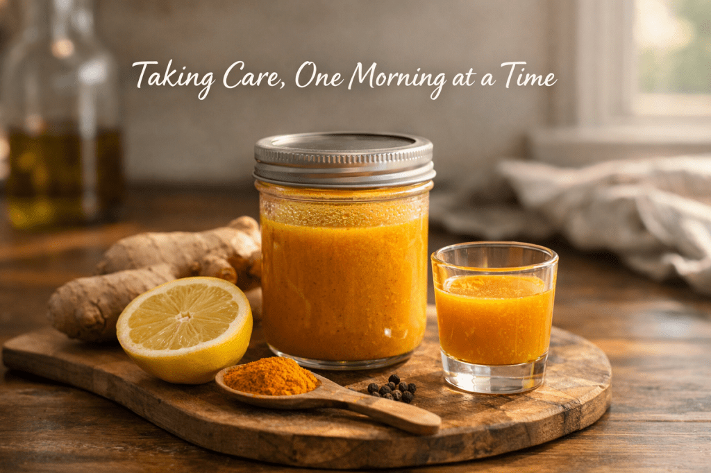 Small jar of ginger turmeric citrus wellness shot on a warm kitchen counter with fresh ingredients in soft morning light