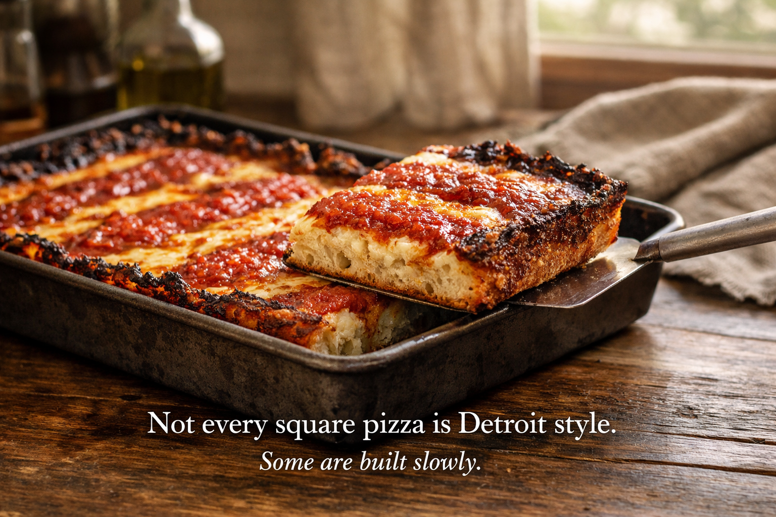 Detroit-style pizza in a 9x13 pan with crispy caramelized cheese edges and golden crust in a warm kitchen setting