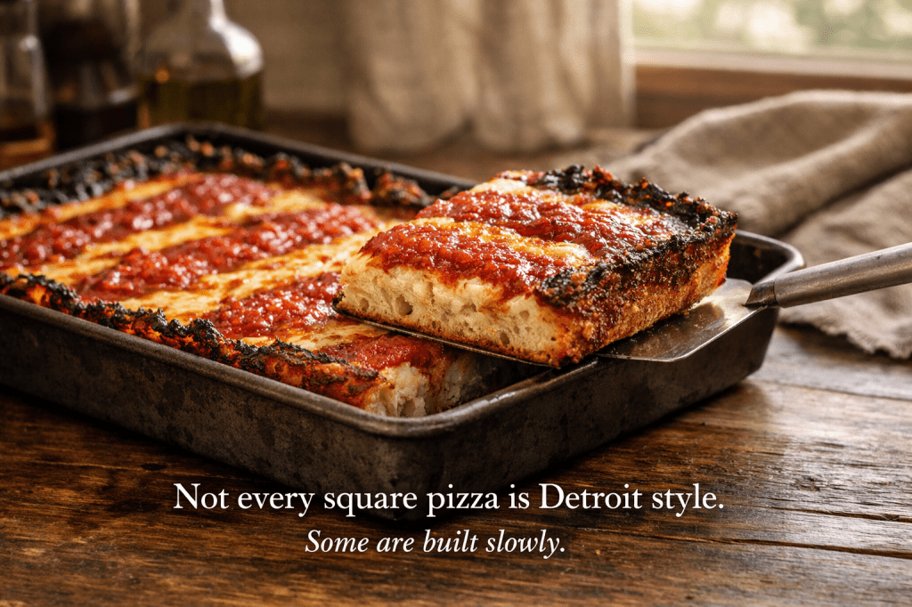 Detroit-style pizza in a 9x13 pan with crispy caramelized cheese edges and golden crust in a warm kitchen setting