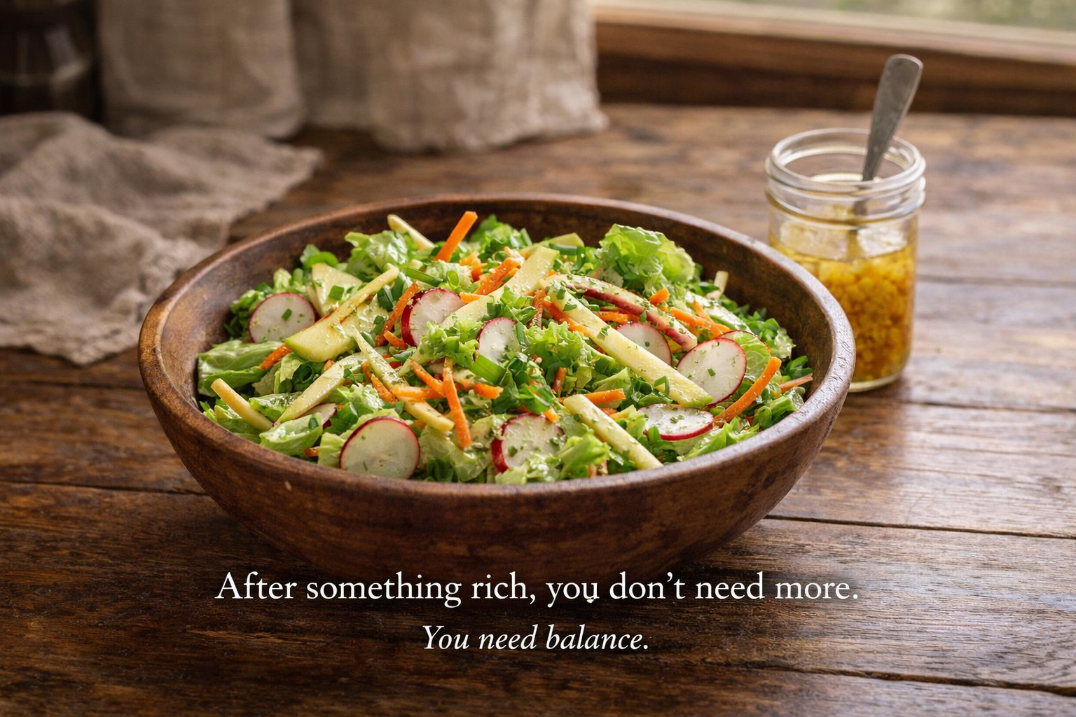 Crisp garden salad with radish, carrot, apple, and lemon shallot vinaigrette in a rustic bowl