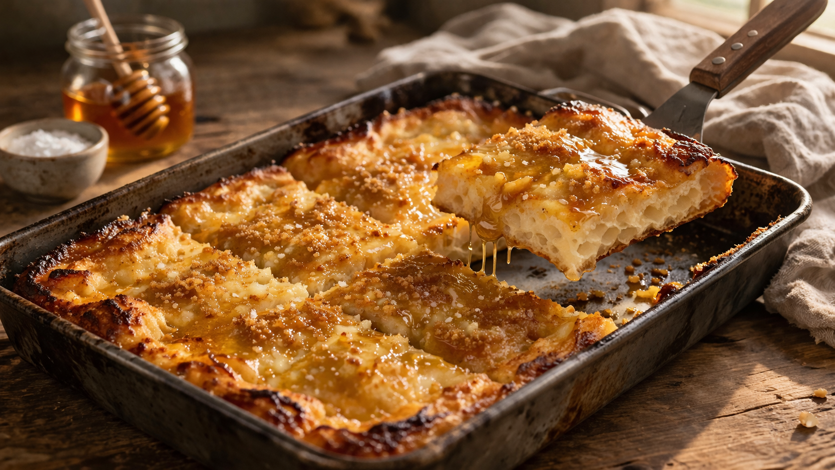 Honey butter Detroit-style dessert pizza with golden crust and caramelized edges in a rustic kitchen setting