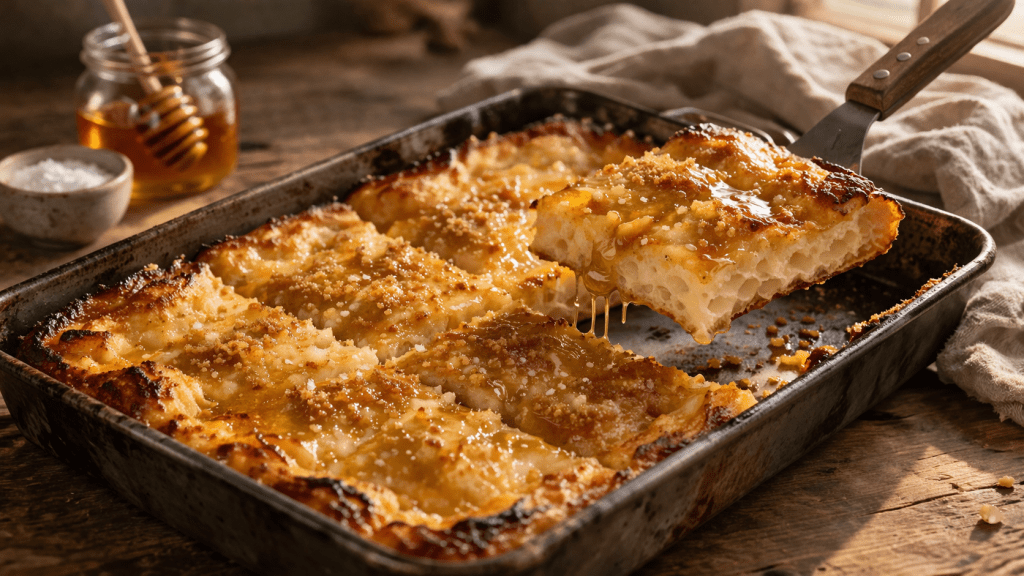 Honey butter Detroit-style dessert pizza with golden crust and caramelized edges in a rustic kitchen setting
