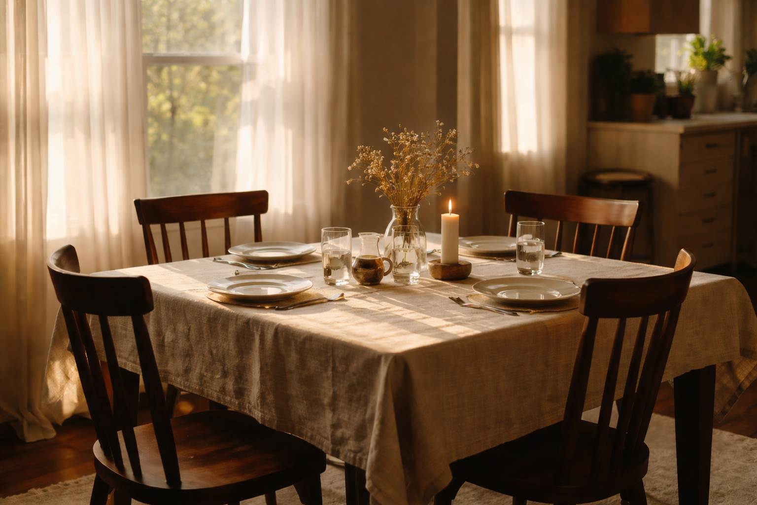Empty dining table in soft natural light with chairs waiting in a quiet home