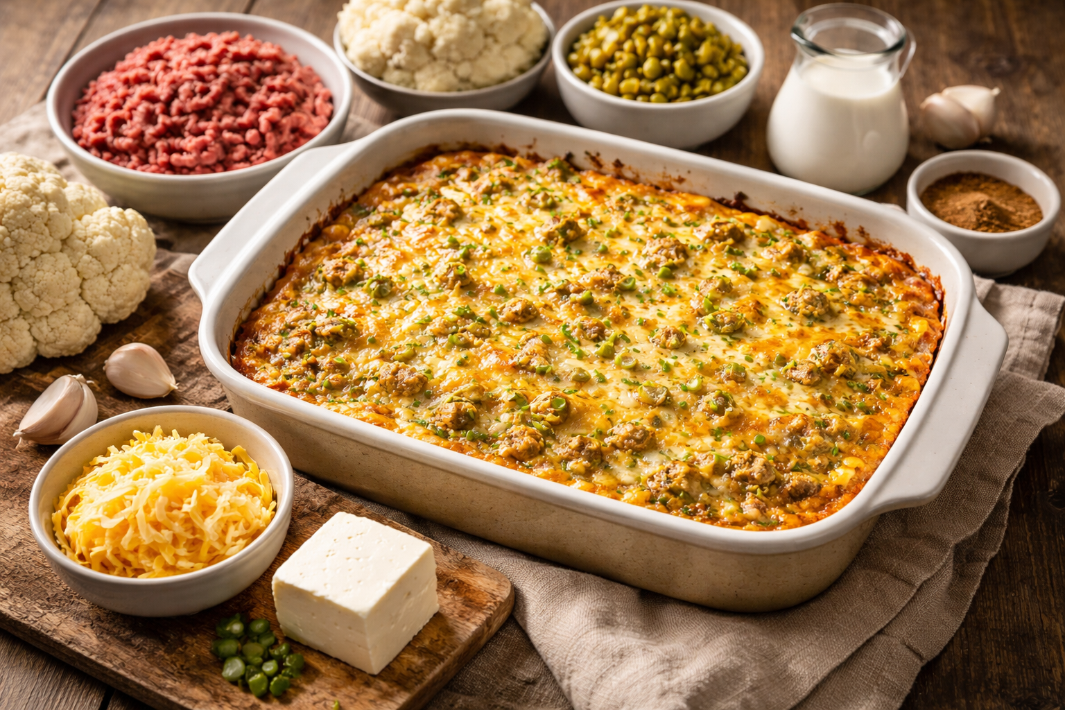 Green chile beef and cauliflower casserole with ground beef, roasted green chiles, and melted cheese in a rustic baking dish surrounded by its ingredients.