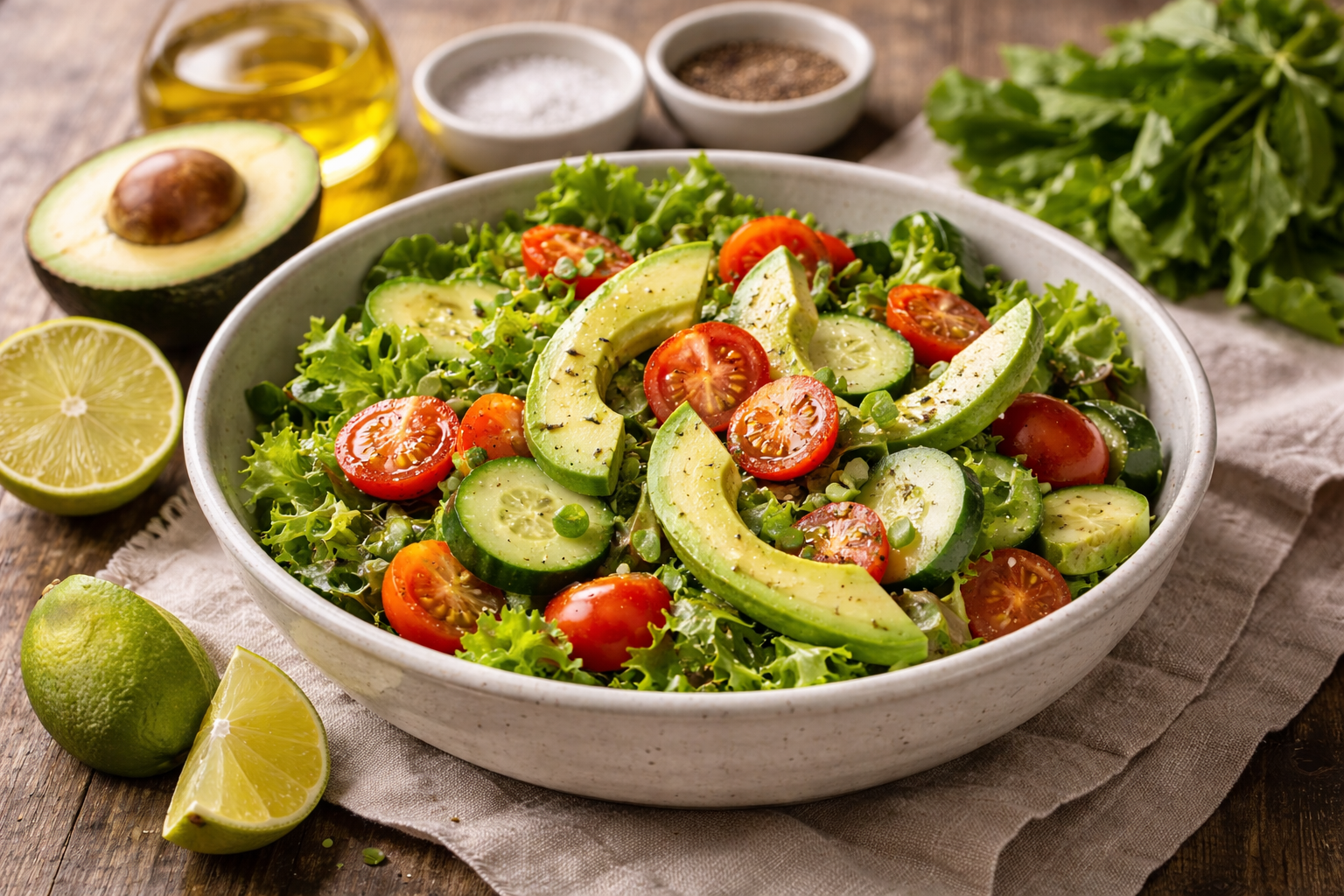 Crisp lime avocado salad with cucumber and tomatoes in a bowl surrounded by fresh avocado, lime, and greens