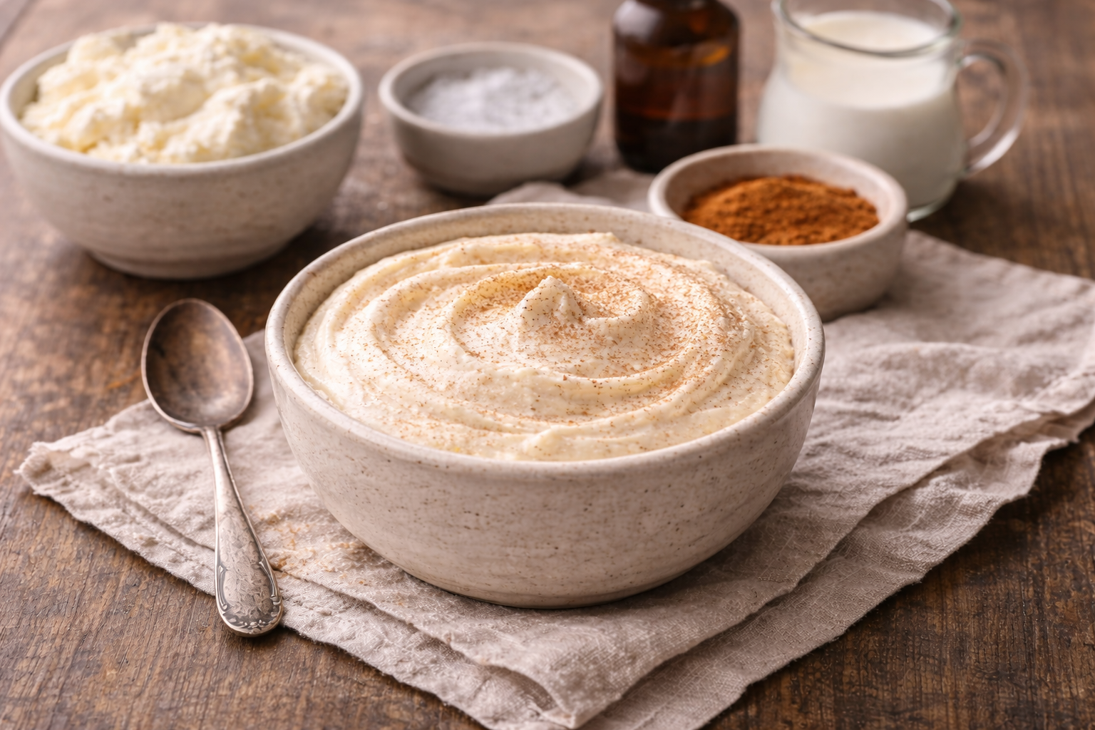 Vanilla cinnamon ricotta cream in a bowl with simple ingredients, including ricotta, cream, and cinnamon, on a wooden surface
