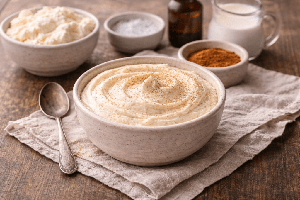 Vanilla cinnamon ricotta cream in a bowl with simple ingredients, including ricotta, cream, and cinnamon, on a wooden surface