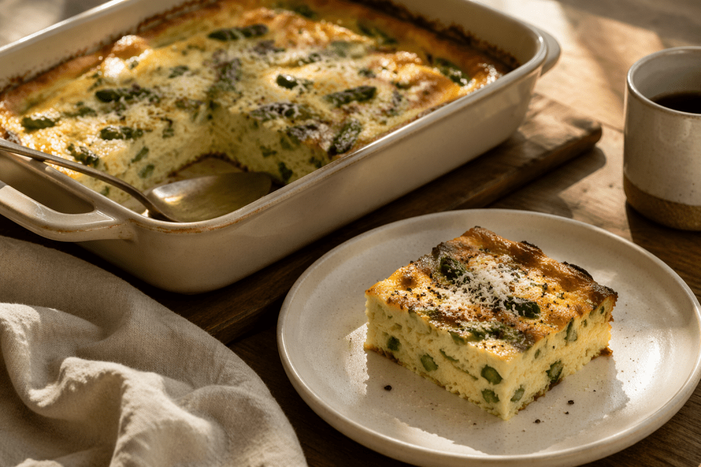 Simple asparagus Parmesan egg bake in a ceramic dish with a golden top in natural morning light