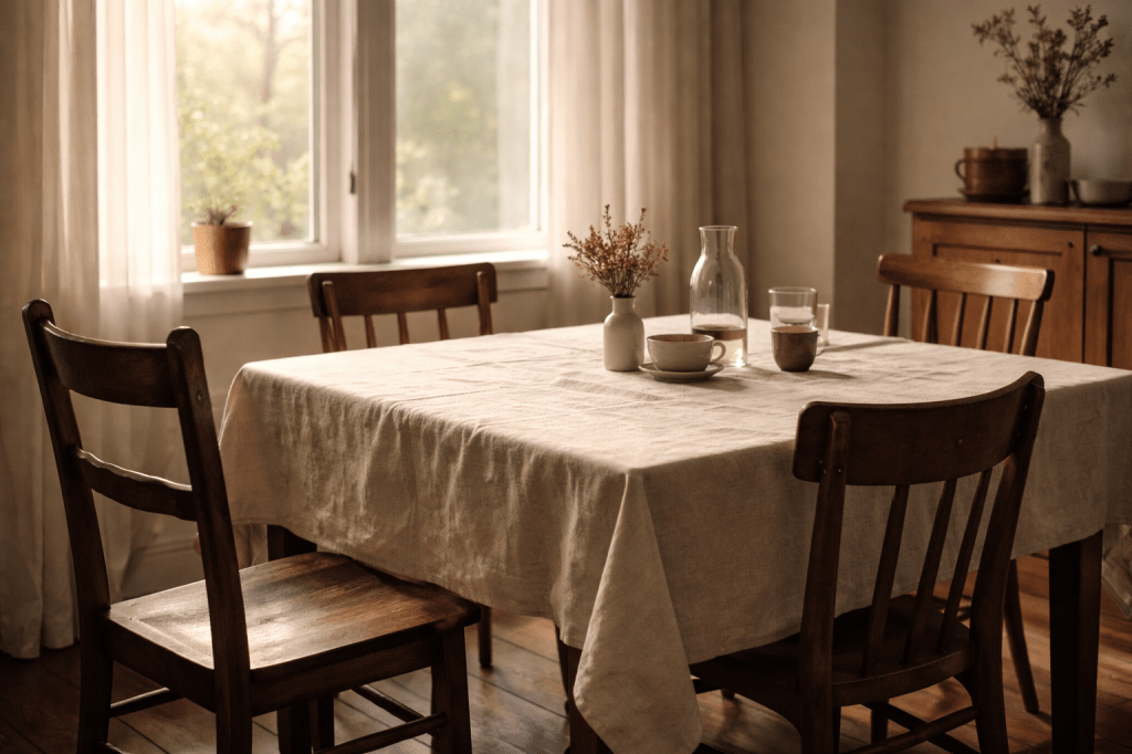 Empty dining table in soft natural light with chairs slightly pulled out in a quiet home