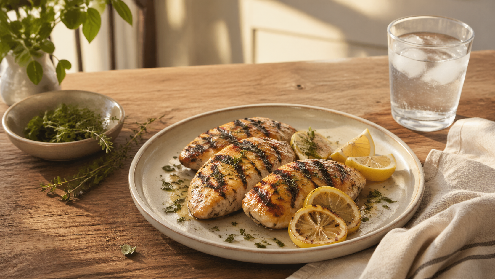 Lemon herb grilled chicken with garlic butter served on a simple plate in warm summer light