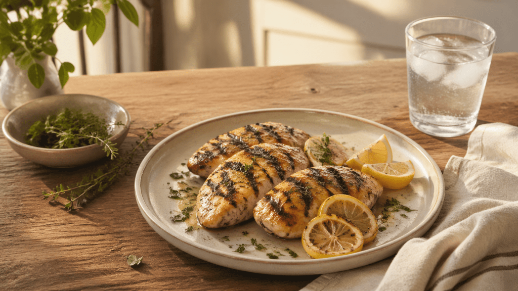 Lemon herb grilled chicken with garlic butter served on a simple plate in warm summer light