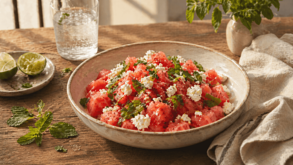 Watermelon, feta, and mint salad in a simple bowl on a wooden table in soft summer light