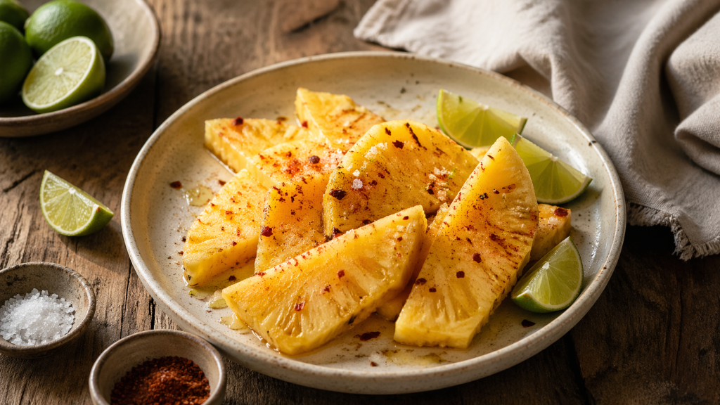 Fresh pineapple with lime and chili seasoning on a simple plate in warm summer light