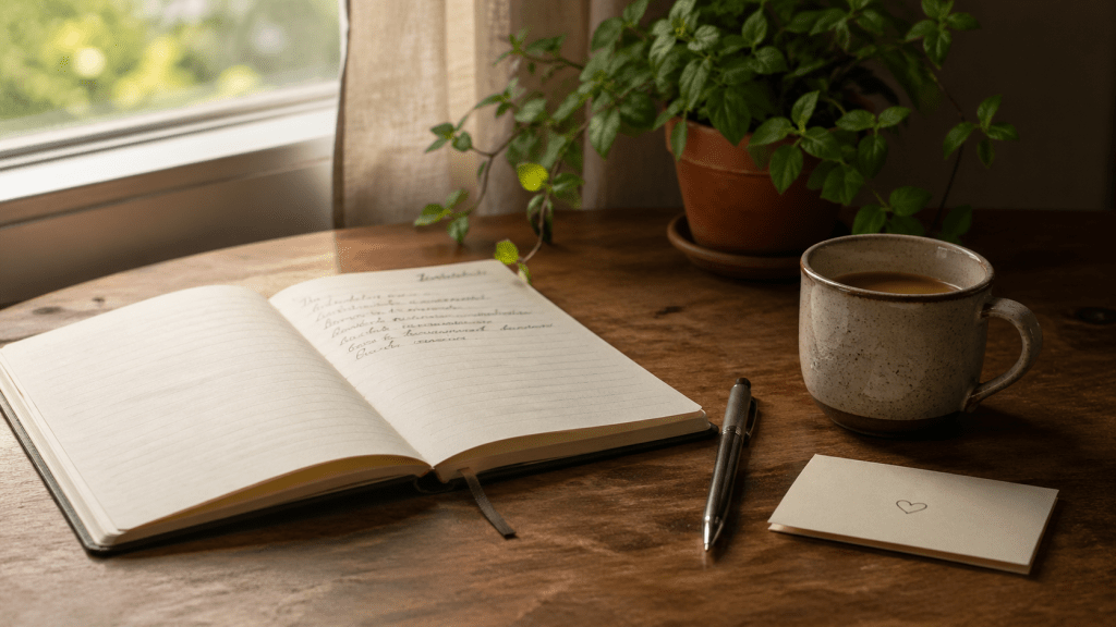 An open notebook, pen, folded note, and warm drink on a quiet table in soft window light, symbolizing prayer, reflection, and the desire to help someone through illness.