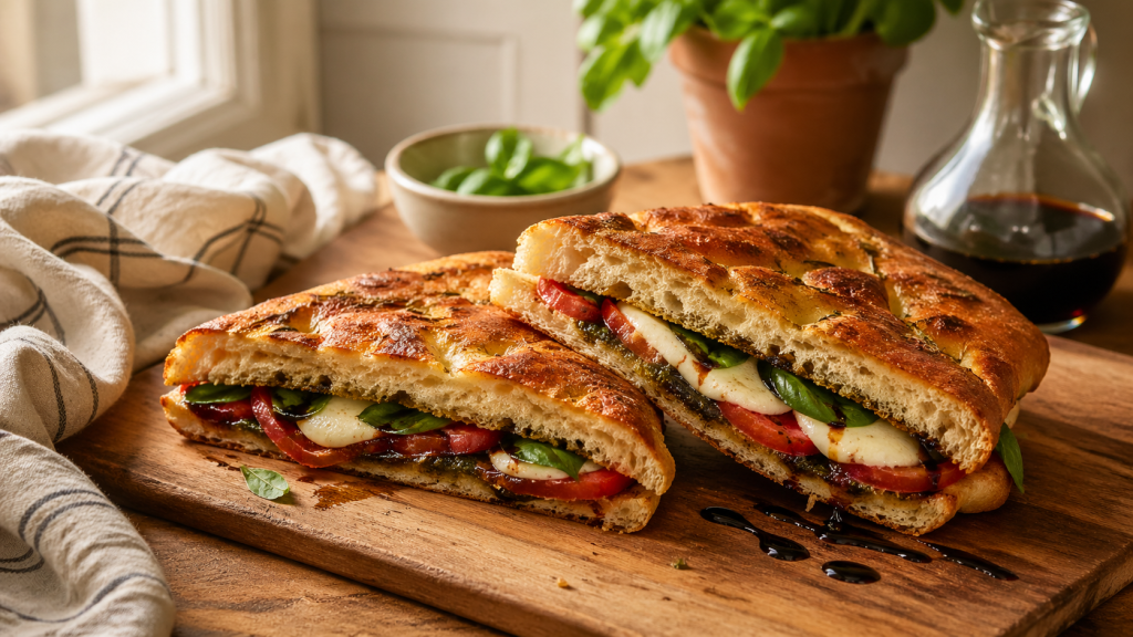 A Caprese focaccia, pressed and cut in half, with melted mozzarella, tomato, basil, pesto, and balsamic glaze on crisp, golden bread.