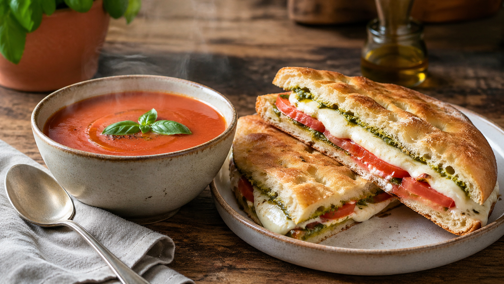 A bowl of homemade tomato soup served beside a pressed Caprese focaccia sandwich with melted mozzarella and tomato.