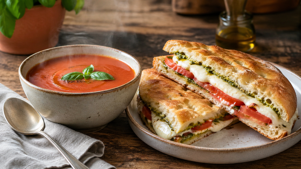 A bowl of homemade tomato soup served beside a pressed Caprese focaccia sandwich with melted mozzarella and tomato.