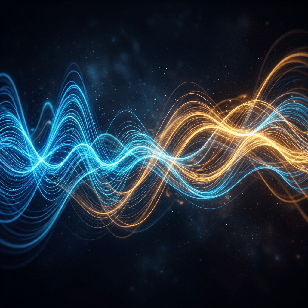 Intertwined blue and orange luminous waveforms on dark background