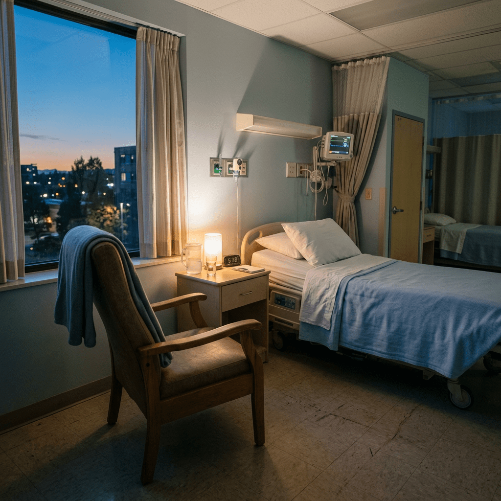 Hospital bed with blue linens, bedside table with lamp and chair by window at sunset