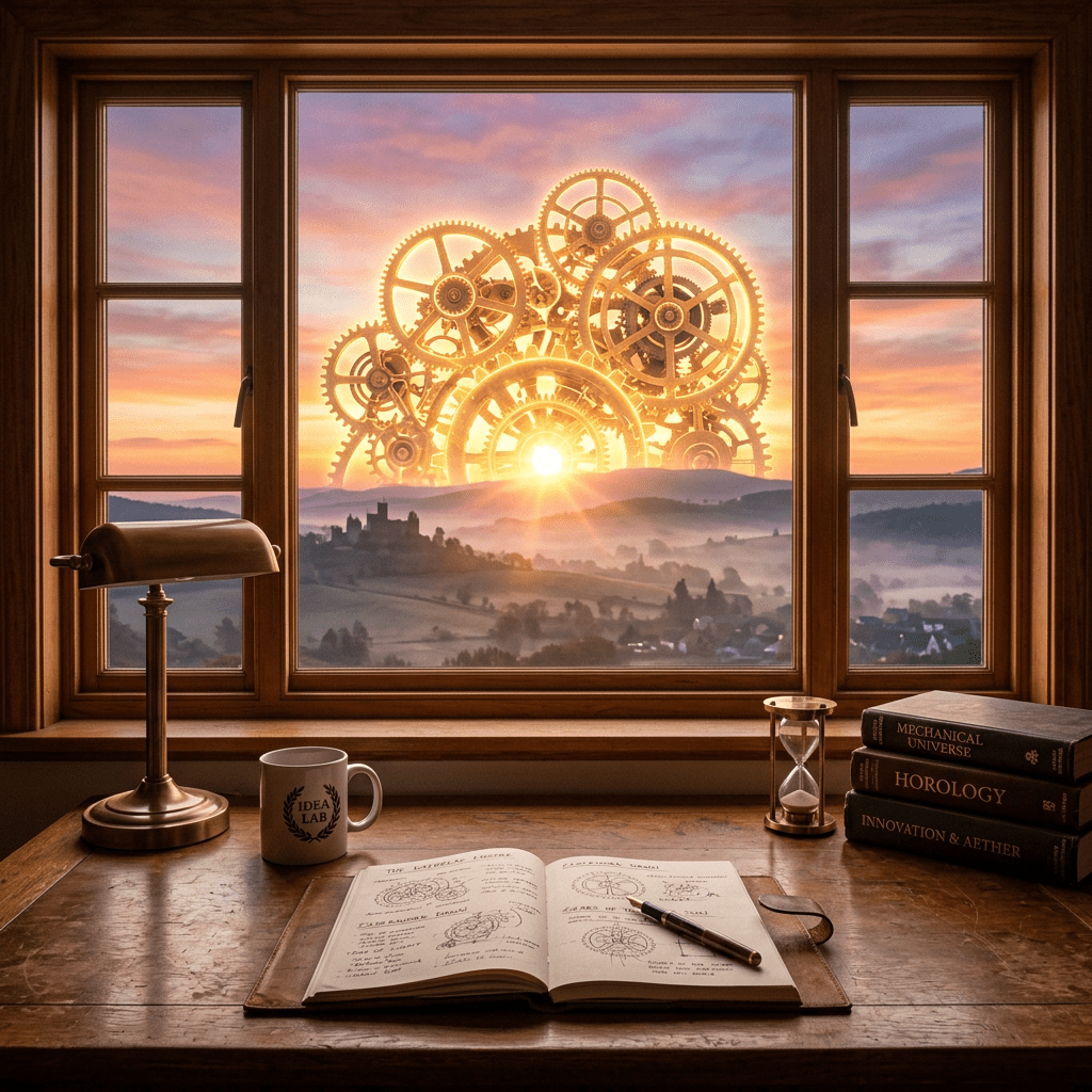 Desk with open notebook, lamp, and books facing window showing sunrise with large mechanical gears.