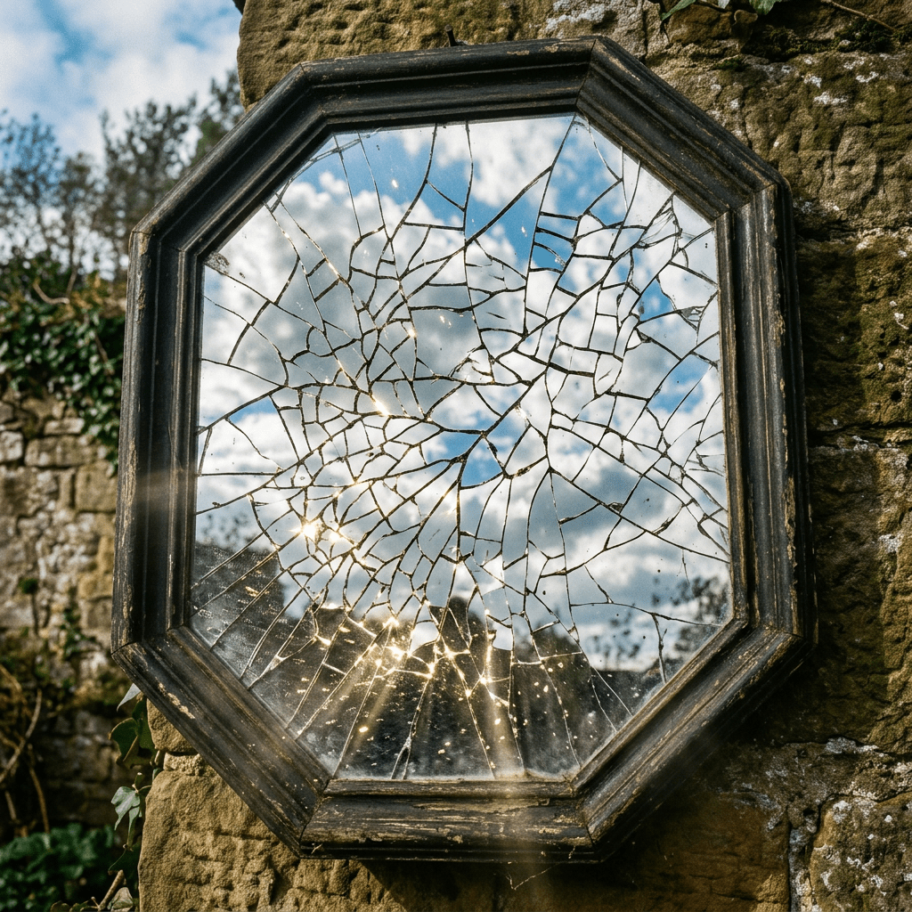 Shattered octagonal mirror reflecting sky with clouds