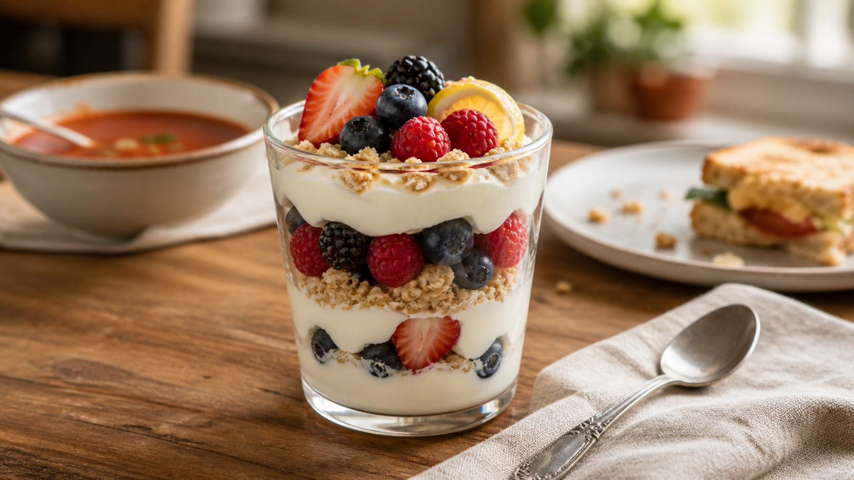 A lemon berry parfait layered with yogurt, berries, and granola on a wooden table in soft natural light.