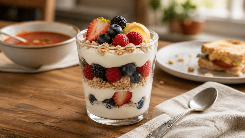 A lemon berry parfait layered with yogurt, berries, and granola on a wooden table in soft natural light.