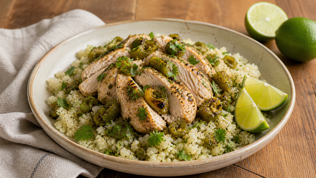 Green chile lime chicken served over cilantro-lime cauliflower rice in a simple bowl.