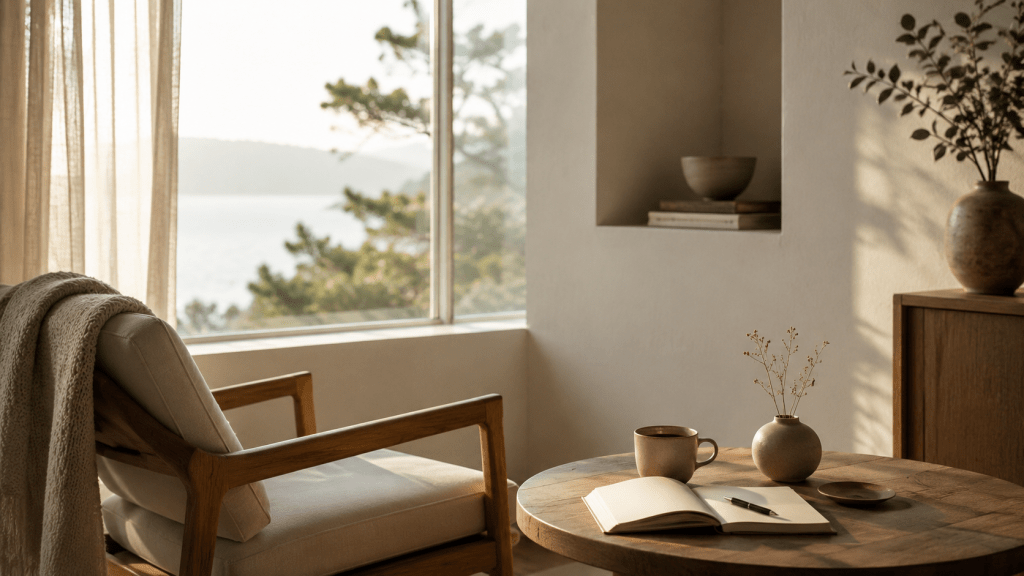 A quiet minimalist room with soft morning light, a notebook, and a cup on a small wooden table.