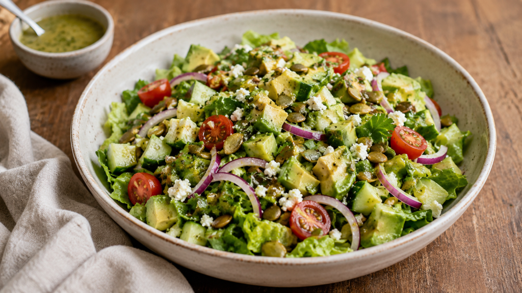 Green Chile Avocado Salad with avocado, cucumber, roasted green chile, tomatoes, cilantro, cheese, and pepitas in a ceramic bowl.