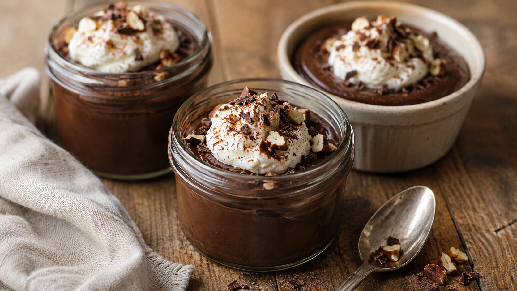 Keto Mexican chocolate pudding cups topped with whipped cream, cinnamon, and sugar-free chocolate shavings.