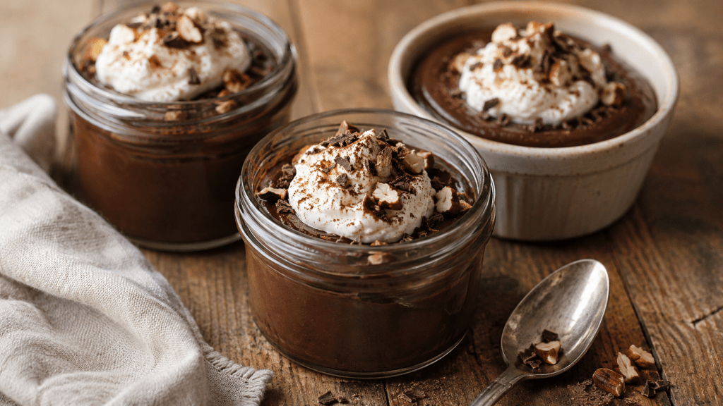 Keto Mexican chocolate pudding cups topped with whipped cream, cinnamon, and sugar-free chocolate shavings.